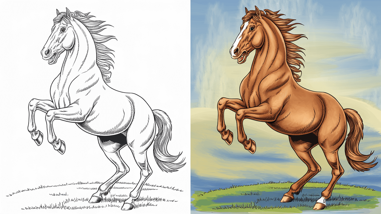 This Coloring Page Cover Shows A Rearing Horse In Monochrome On The Left And Fully Colored Against A Grassy Scene On The Right.