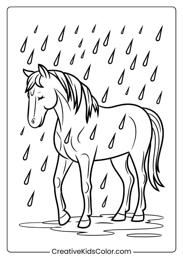 A Horse Under The Rain, Creating A Soothing Scene For A Nature-Themed Coloring Page.