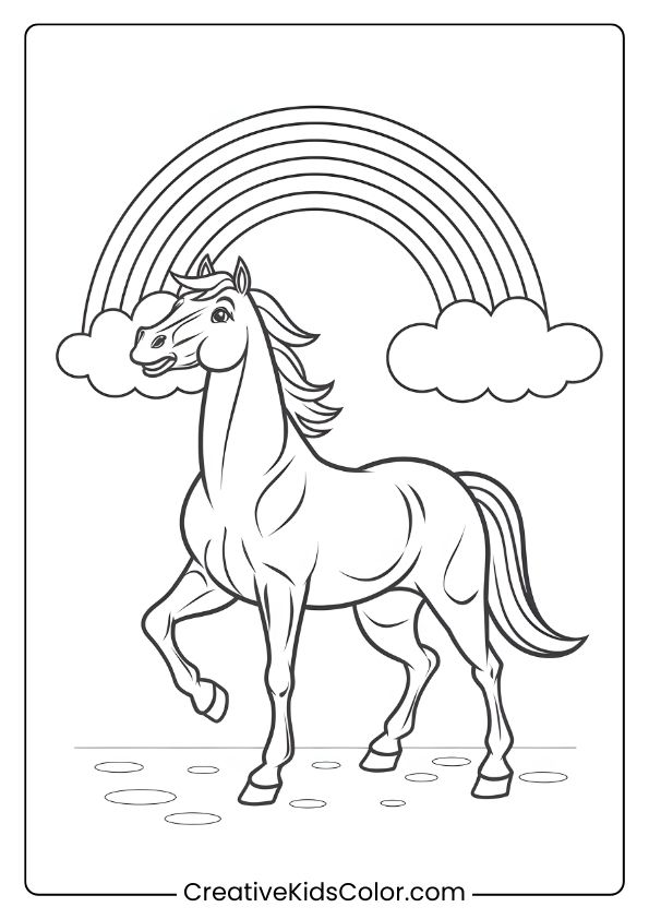 A Proud Horse Beneath A Rainbow, Featuring A Lively Coloring Scene.