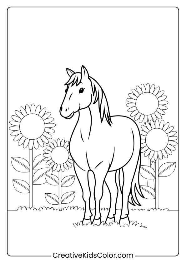 A Horse In A Sunflower Field, Highlighting A Beautiful Floral-Themed Coloring Page.
