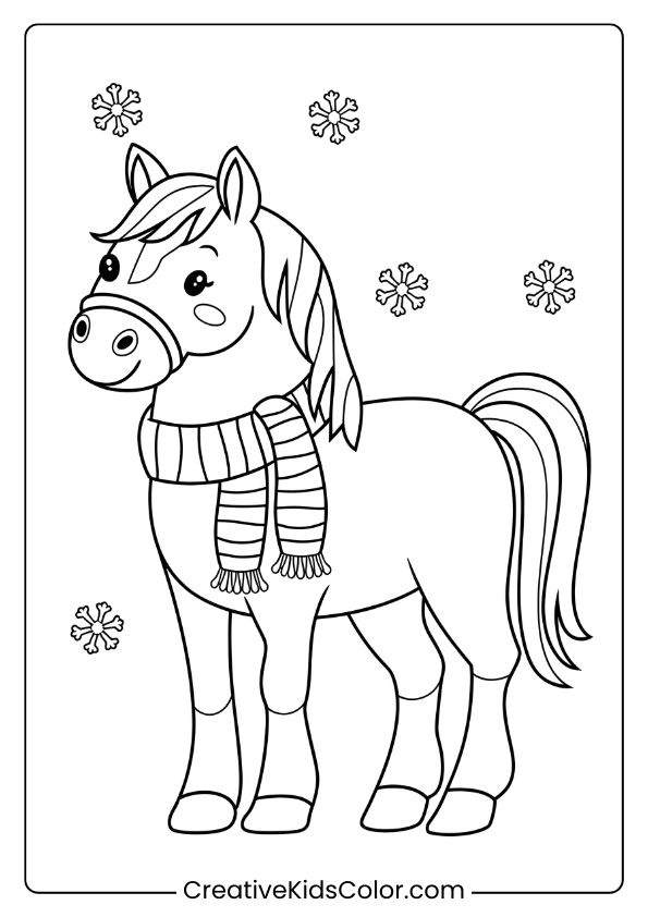 A Horse With A Winter Scarf, Making For A Fun Seasonal Coloring Page.