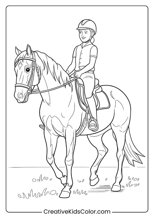 A Young Rider On A Horse, Emphasizing A Serene Riding Moment In This Fun Coloring Page.