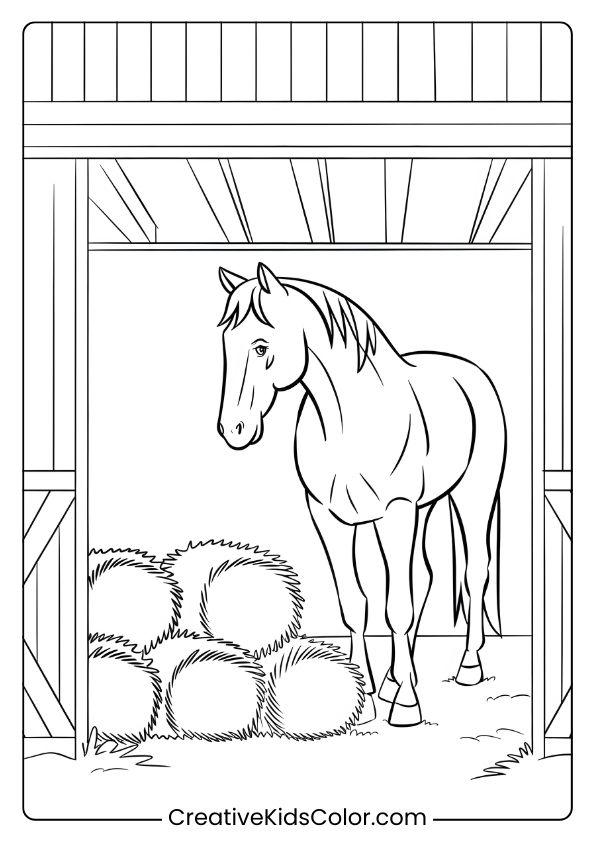 A Cozy Barn Scene With A Horse And Hay, Ideal For A Comforting Coloring Page.