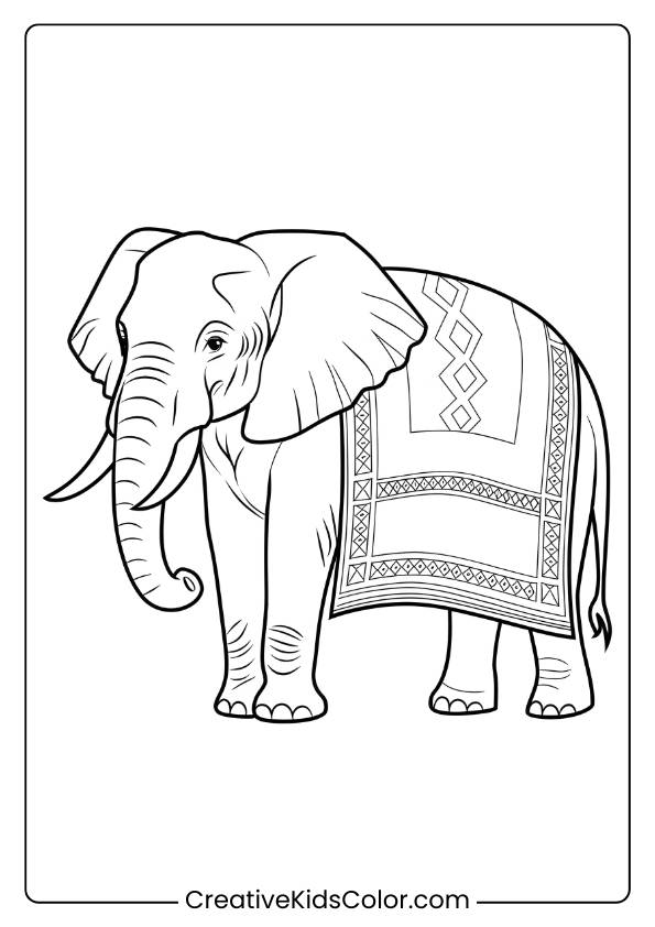 Coloring Page Of A Decorated Indian Elephant With A Patterned Blanket.