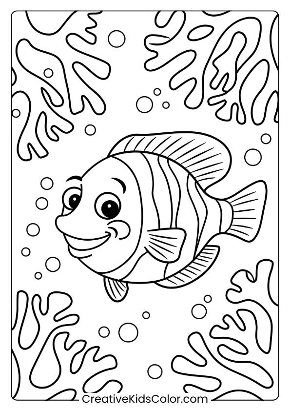 A Cheerful Fish Navigates Coral Clusters With Bubbles Surrounding, Adding Life To This Vibrant Ocean Coloring Page.