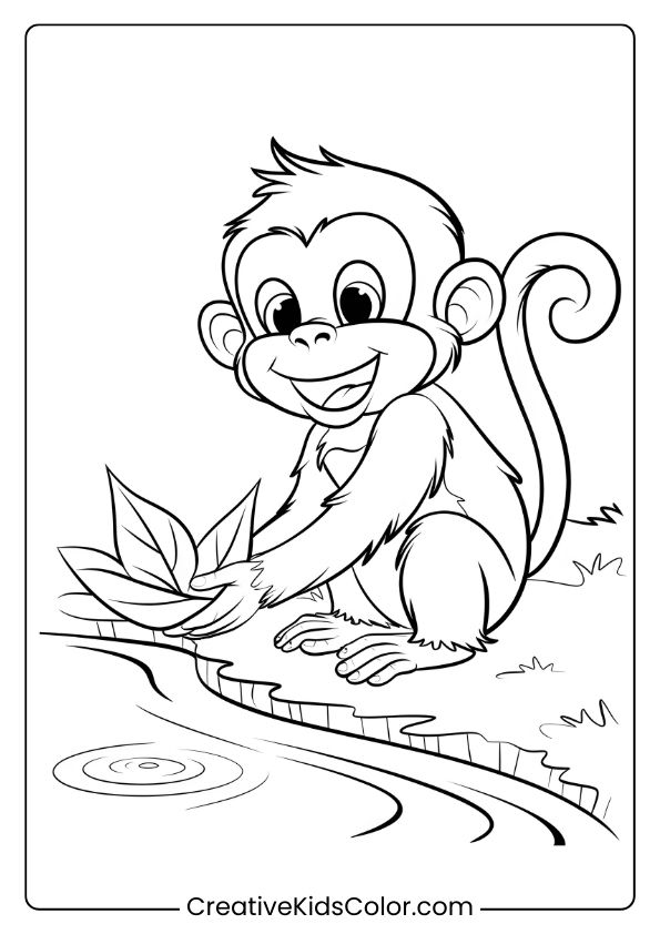 This Coloring Page Captures A Happy Monkey Using A Leaf As A Boat Near A Stream, Smiling With Joy.