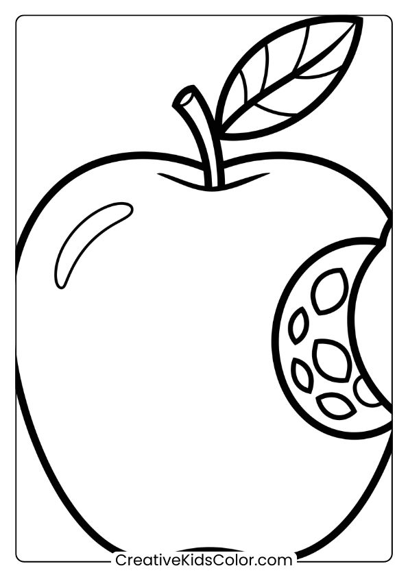 Coloring Page Of A Bitten Honeycrisp Apple With A Visible Stem And Seeds, Ideal For A Fun Apple-Themed Activity.