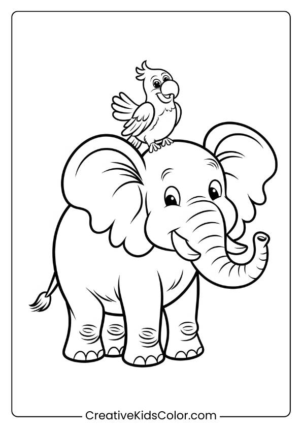 Coloring Page Of An Elephant And A Parrot Together.