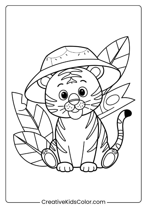 Jungle Explorer Tiger Coloring Page With A Cute Tiger In A Safari Hat, Sitting Contently Among Large Jungle Leaves.