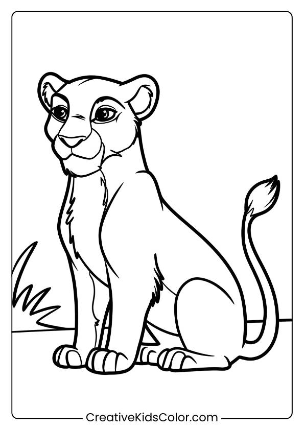 A Peaceful Lion Sitting Amidst Grass, Watching The Wilderness, Making For A Serene Lion Coloring Page For Children.