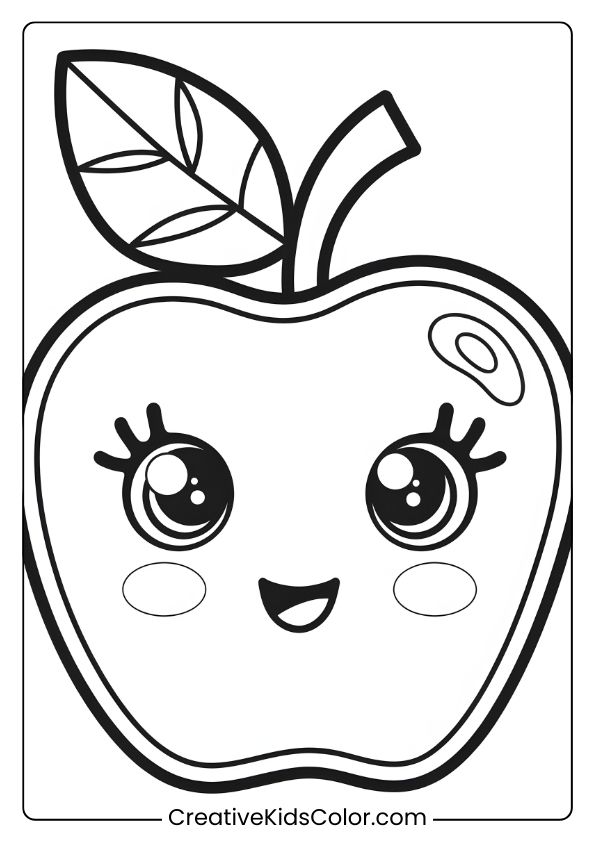 Kawaii Apple Coloring Page With Big Eyes And A Heart-Shaped Leaf, Bringing A Cheerful Touch To Coloring Activities.