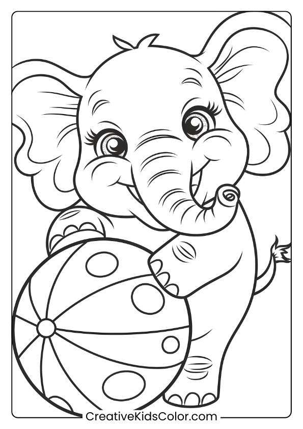 Coloring Page Of An Elephant Holding A Polka-Dotted Ball.