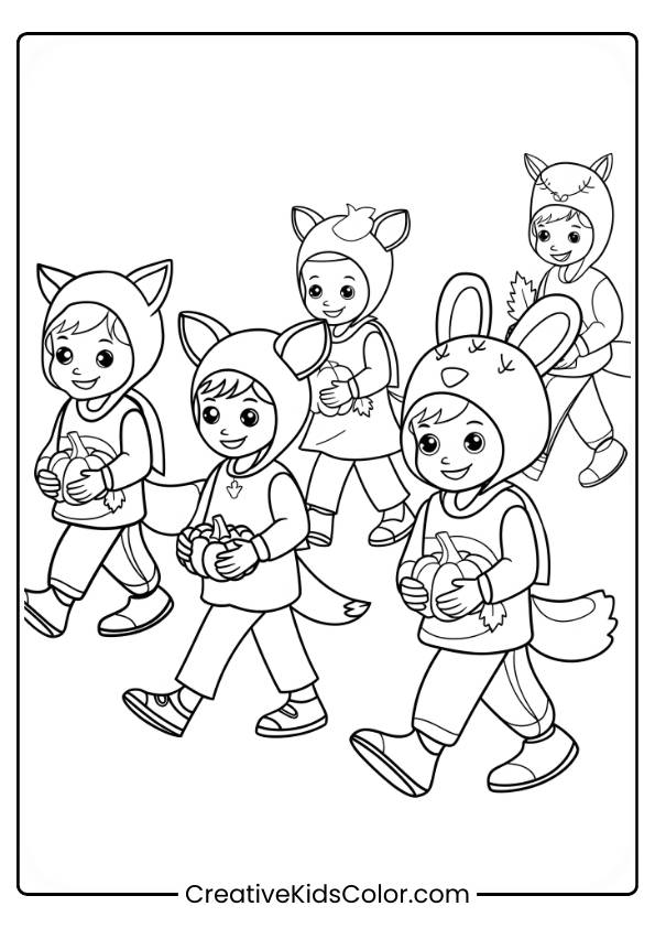 Kids In Animal Costumes Holding Pumpkins In A Fall Parade Are Illustrated In This Coloring Page.