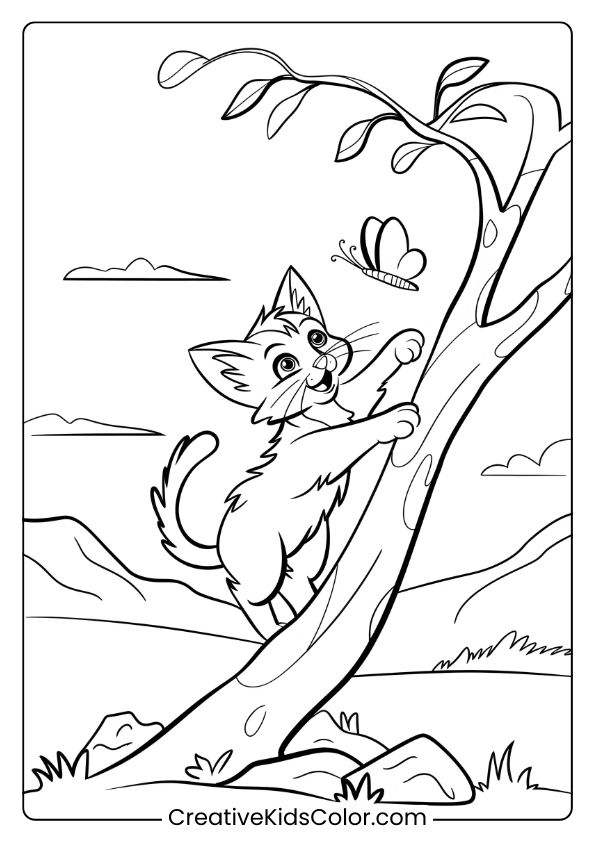A Playful Kitten Climbing A Tree To Catch A Butterfly, With A Scenic Background.