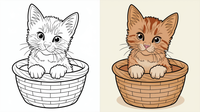 A Side-By-Side Coloring Page Cover Of A Kitten In A Basket; Left Side Is A Line Drawing, Right Side Is Colored With Orange Fur.
