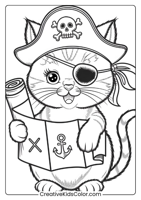 A Pirate Kitten With A Map, Wearing A Tricorn Hat And Eye Patch, Perfect For A Pirate-Themed Coloring Page.