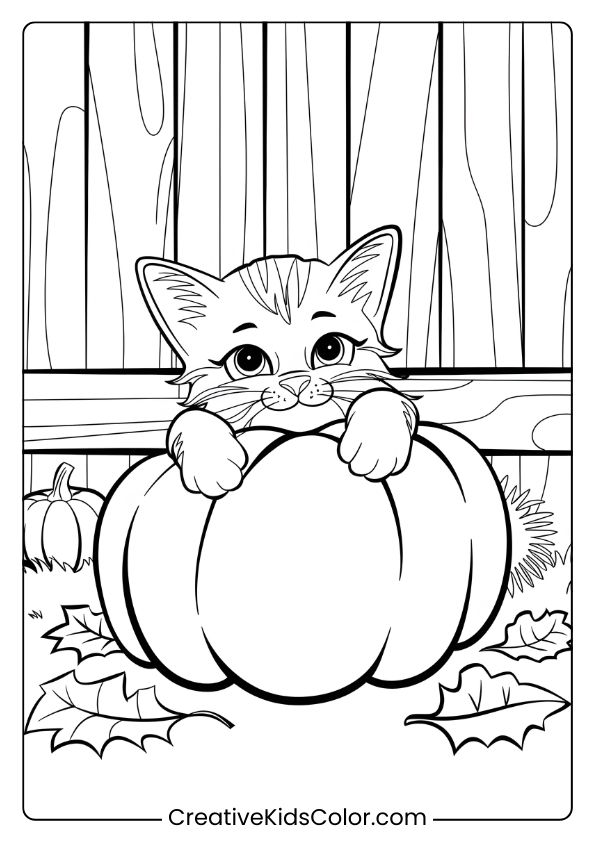 A Kitten Hugging A Pumpkin With Autumn Leaves, Ideal For A Cozy Harvest-Themed Coloring Page.