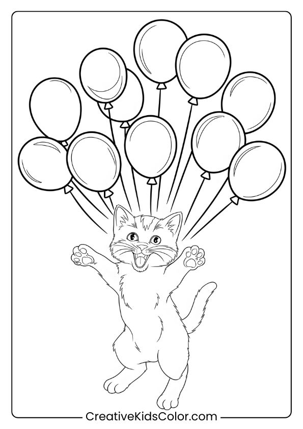 A Playful Kitten Floating With A Bunch Of Balloons, Creating A Cheerful And Lively Coloring Page Scene.