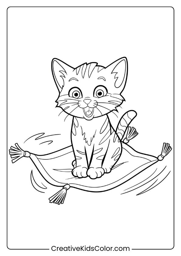 A Kitten On A Flying Carpet, Perfect For A Magical Adventure-Themed Coloring Page.