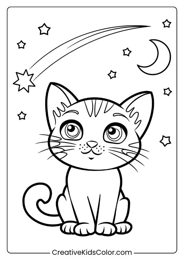 A Kitten Watching A Shooting Star With Stars And A Crescent Moon, Creating A Whimsical Nighttime Coloring Page.