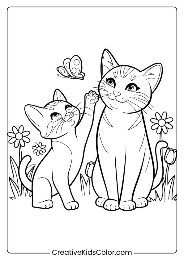 Two Kittens In A Flower Garden With Butterflies, A Joyful And Playful Coloring Page Scene.