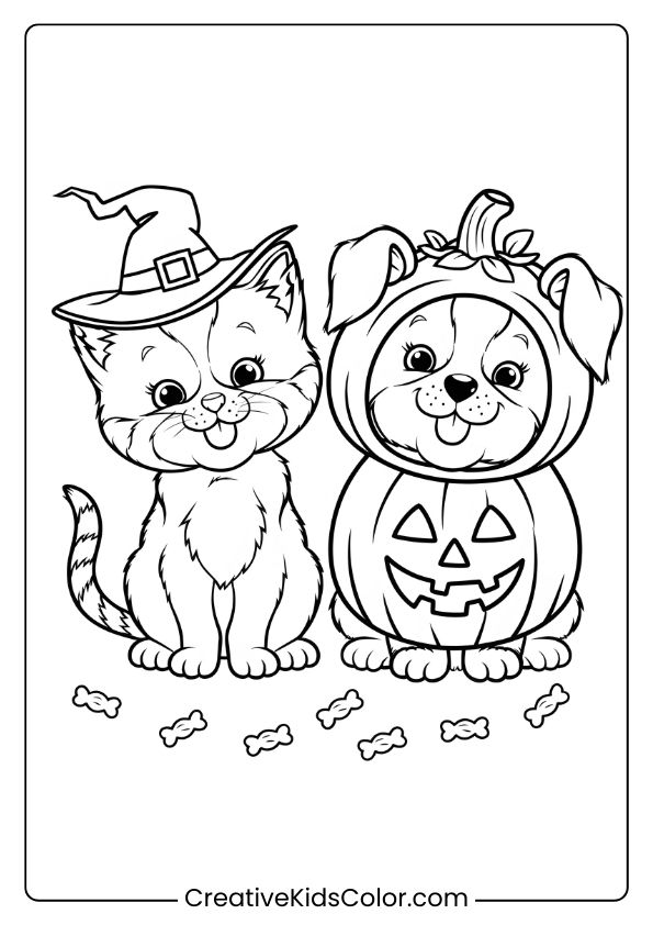 A Halloween Kitten And Puppy Duo Dressed Up, Adding Spooky Cheer To This Festive Coloring Page.
