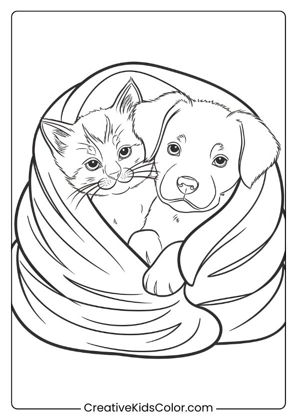 A Kitten And Puppy Cuddling Under A Cozy Blanket, Showcasing Warmth And Friendship In This Coloring Page.