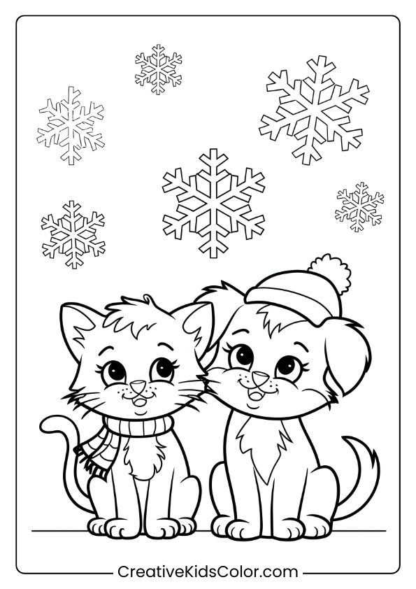 A Kitten With A Scarf And A Puppy In A Hat With Snowflakes, Perfect For A Winter-Themed Coloring Page.