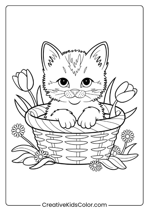 A Kitten Peeking From A Basket With Tulips And Daisies, Ideal For A Cheerful Spring-Themed Coloring Page.
