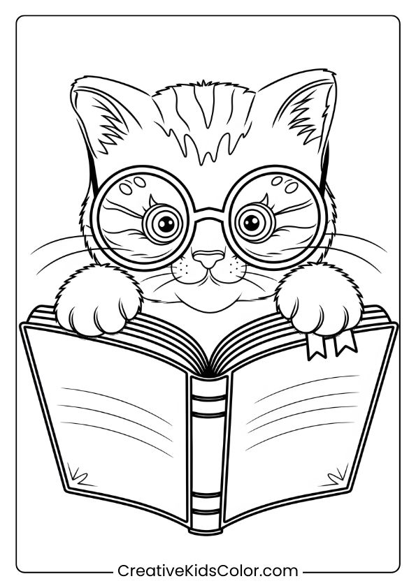 A Curious Kitten With Glasses Peeking Over An Open Book, Ideal For A Fun And Educational Coloring Page.