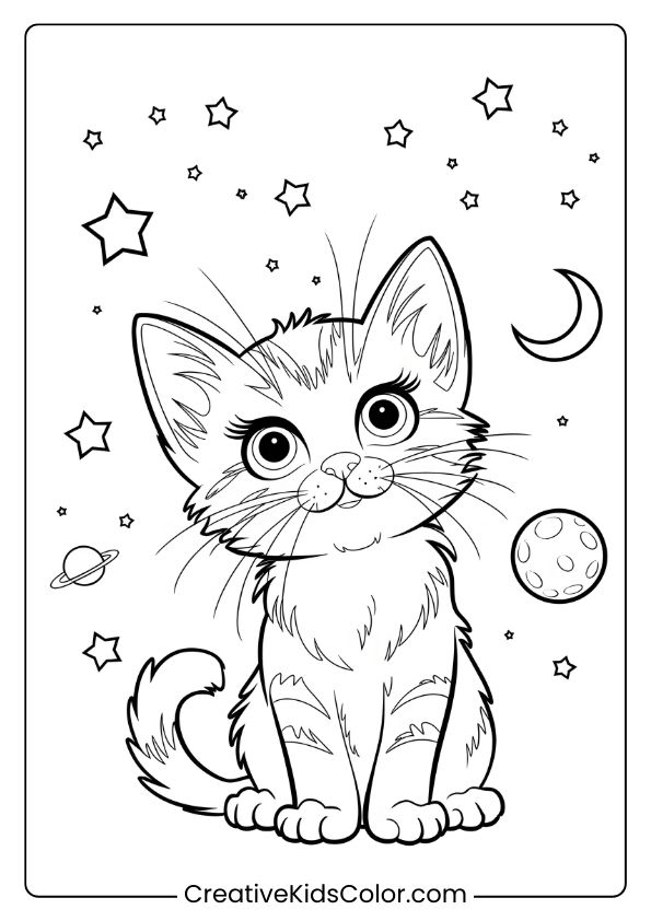 A Space-Themed Kitten Surrounded By Stars And A Crescent Moon, Creating An Enchanting Galaxy Coloring Page.