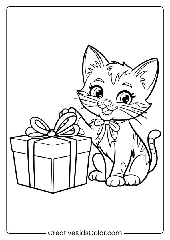 A Kitten With A Bow And A Gift Box, Adding A Festive And Joyful Feel To This Coloring Page.