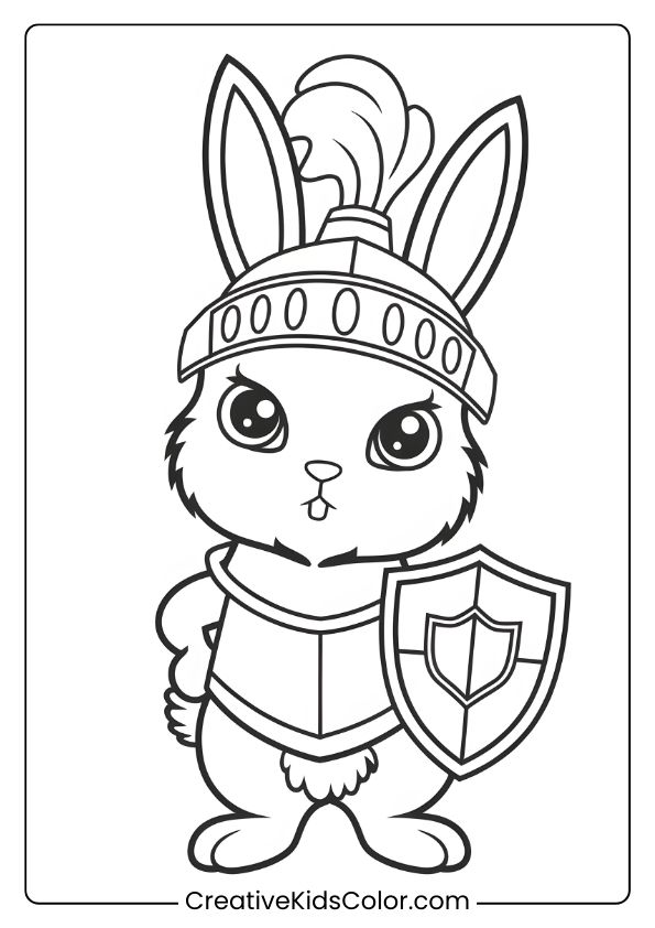 Coloring Page Of A Knight Bunny Holding A Shield, Creating A Fun And Imaginative Scene For Coloring.