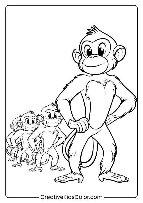 Coloring Page Showing A Leader Monkey Standing Tall With A Group Following, In A Guiding And Protective Pose.