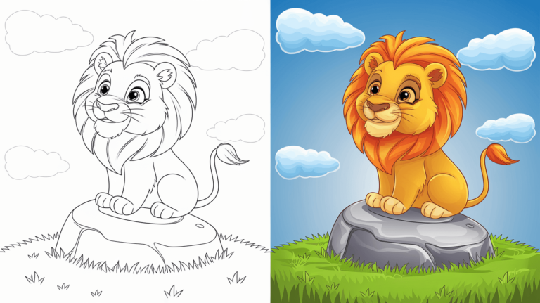 This Coloring Page Cover Shows A Young Lion On A Rock In Monochrome On The Left And Fully Colored With A Bright Sky On The Right.