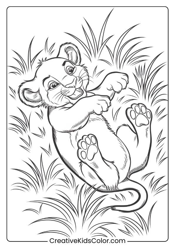 A Lion Cub Rolling In The Grass, Creating A Joyful And Fun Lion Coloring Page For Children To Color.