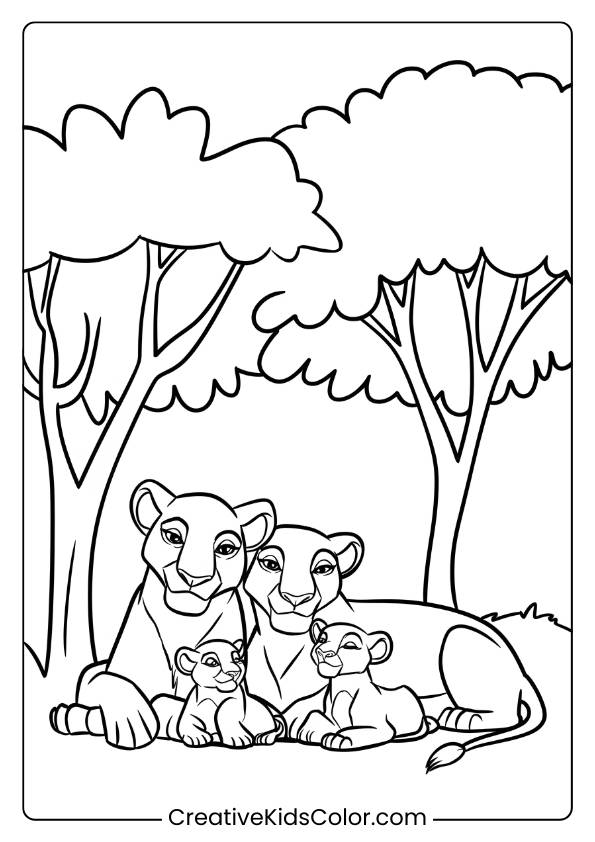 A Family Of Lions Resting Under Trees, Offering A Serene And Heartwarming Lion Coloring Page For Kids.