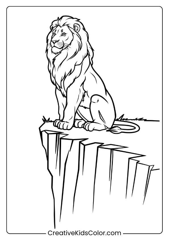 A Lion Sitting On A Cliff Edge, Perfect For A Regal And Powerful Lion Coloring Page For Children To Enjoy.