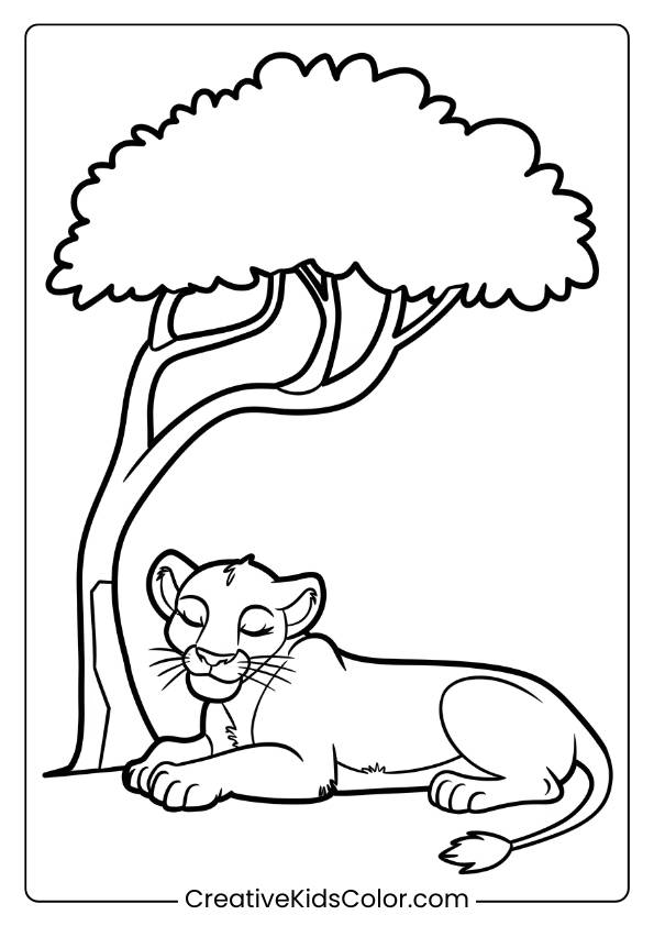 A Lioness Lying Under A Tree, Offering A Serene And Peaceful Lion Coloring Page For Kids To Enjoy.