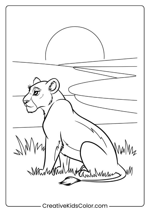 A Lioness Watching The Sunset, Offering A Tranquil And Calming Lion Coloring Page For Children.