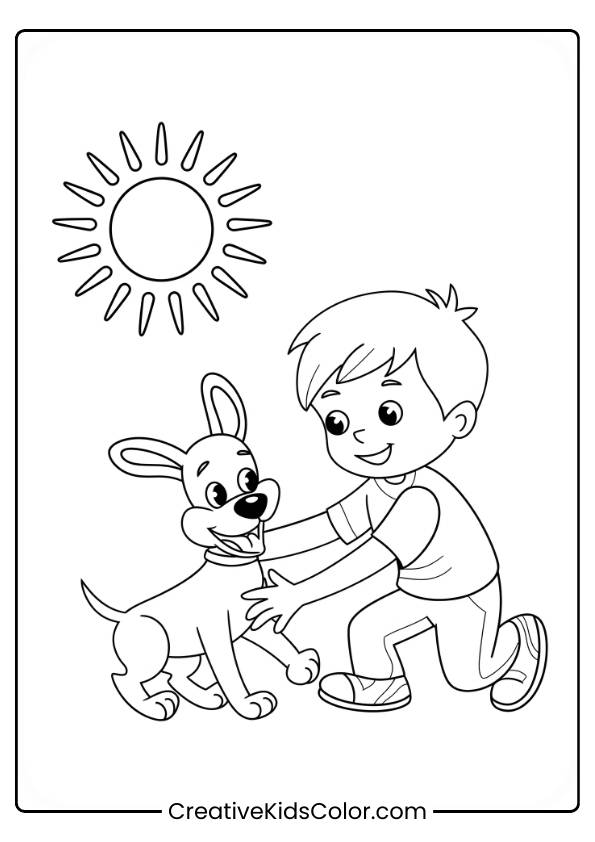 Boy Playing With His Dog Under The Sun In A Dog Coloring Page.