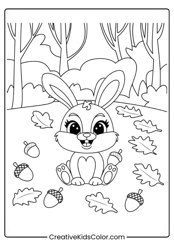 A Bunny Sits With Acorns And Autumn Leaves, Perfect For A Fall-Themed Coloring Page.