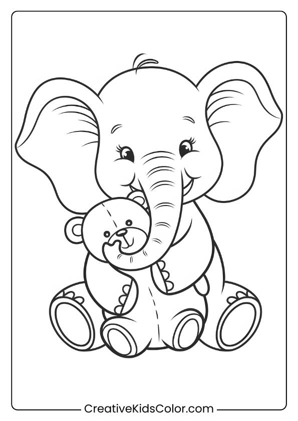 Coloring Page Of A Cute Elephant Holding A Teddy Bear.