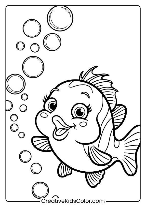 A Small Fish With Big Eyes Swims Amidst Rising Bubbles, Offering A Lighthearted Underwater Scene In This Fish Coloring Page.