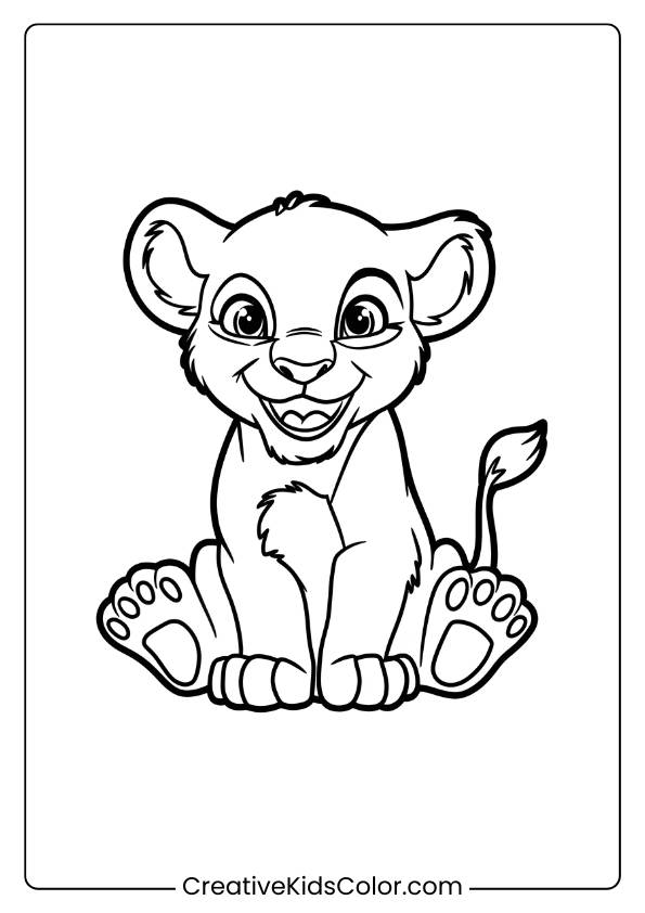 A Cute Lion Cub Smiling Joyfully, Perfect For A Playful Lion Coloring Page For Children To Enjoy.