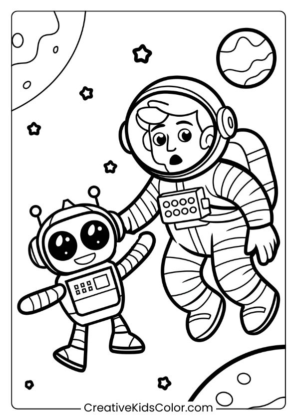 Coloring Page Of An Astronaut And A Robot Floating In Space, With Stars And A Cratered Planet In The Background.
