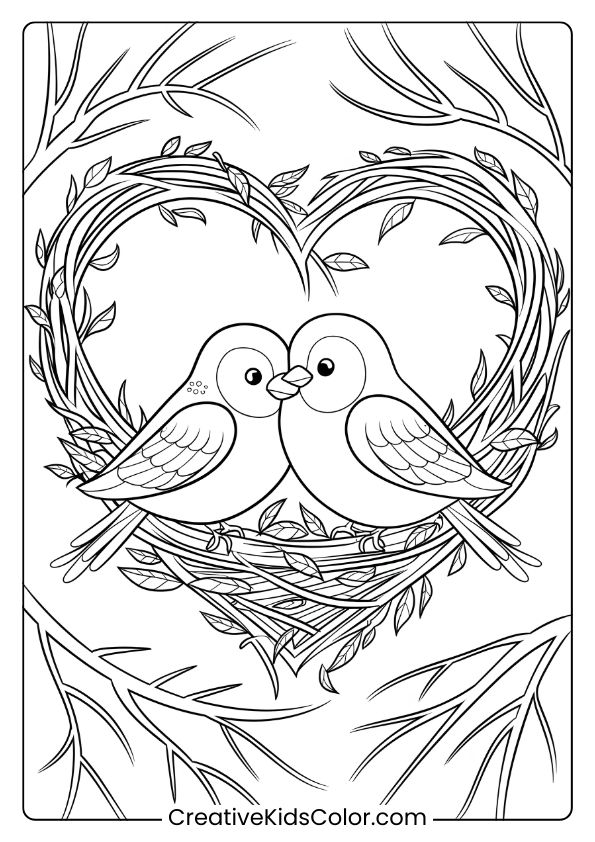 Love Birds In A Heart-Shaped Nest, Ideal For A Romantic And Cute Bird Coloring Page For Kids.