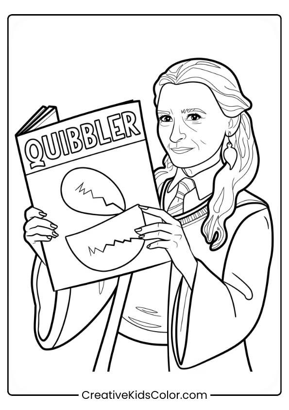 Luna Lovegood Holds Her Quibbler Magazine, With Its Iconic Illustration On The Cover, Exuding Confidence In This Coloring Page.