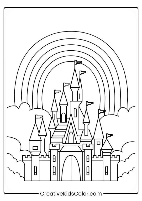 A Majestic Castle Sits Under A Bright Rainbow, Creating A Magical Kingdom Scene To Color In This Enchanting Page.