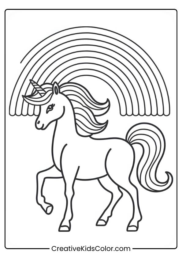 A Majestic Unicorn Stands Gracefully Under A Vibrant Rainbow, Perfect For A Fantasy-Themed Coloring Page.